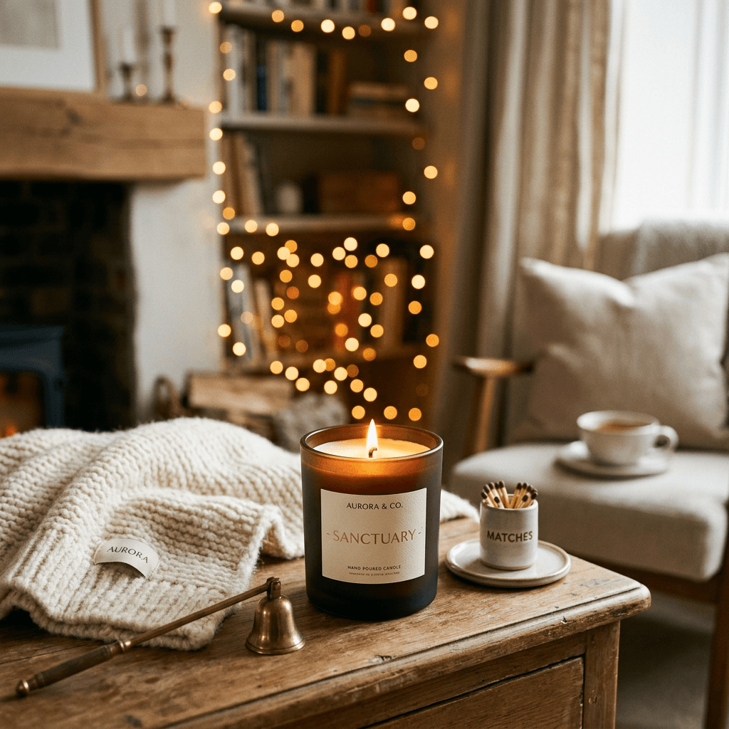 Luxury scented candle with bokeh fairy lights, warm amber tones