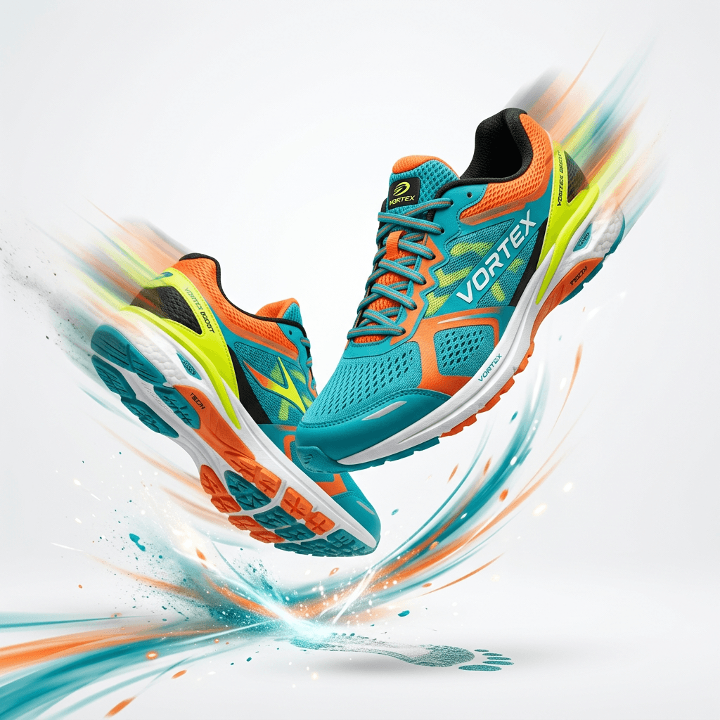 Colorful running shoes mid-air with motion blur, energetic fitness style