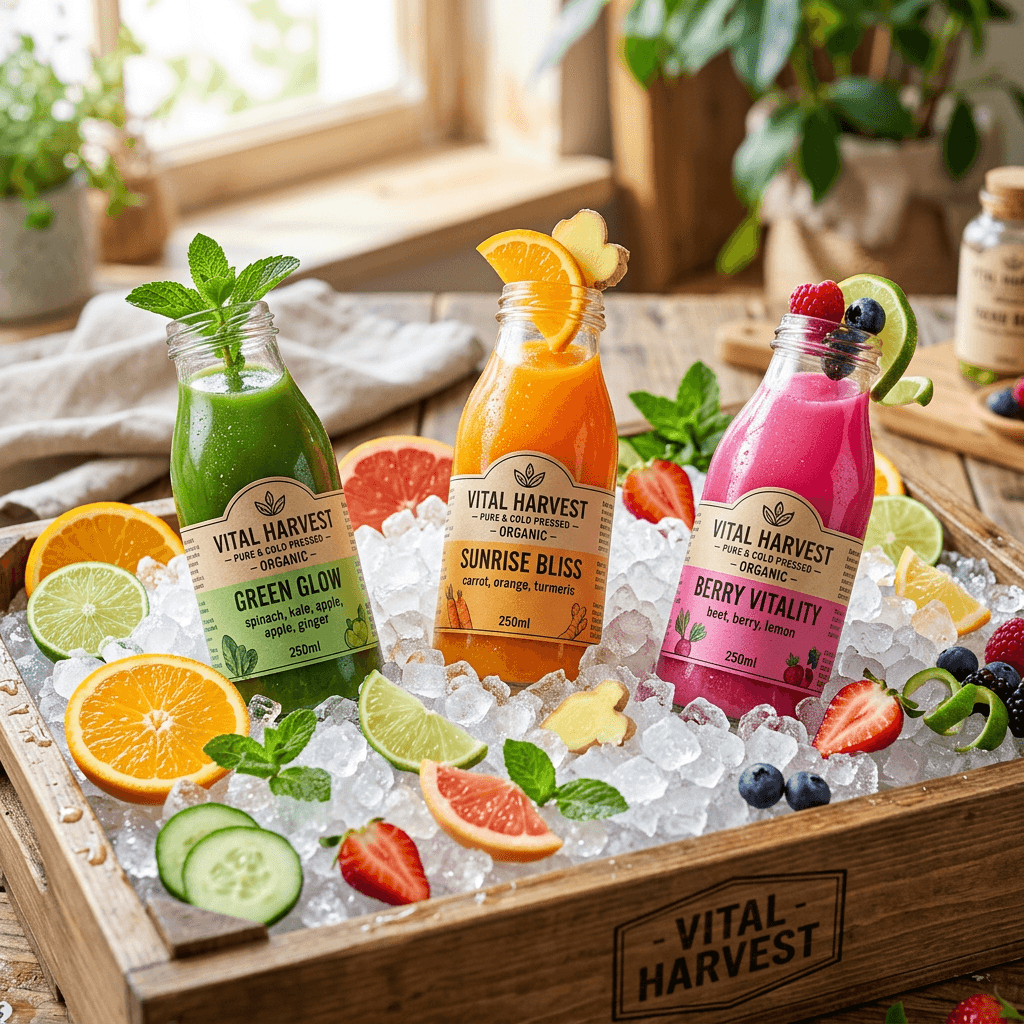 Cold-pressed juice bottles on crushed ice with scattered fruit slices