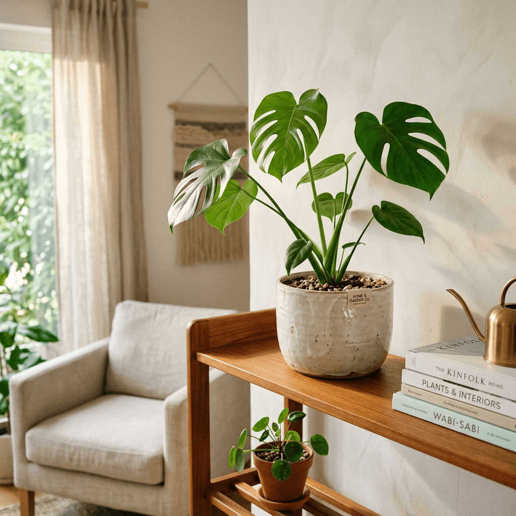 Ceramic plant pot with monstera on mid-century shelf, morning light