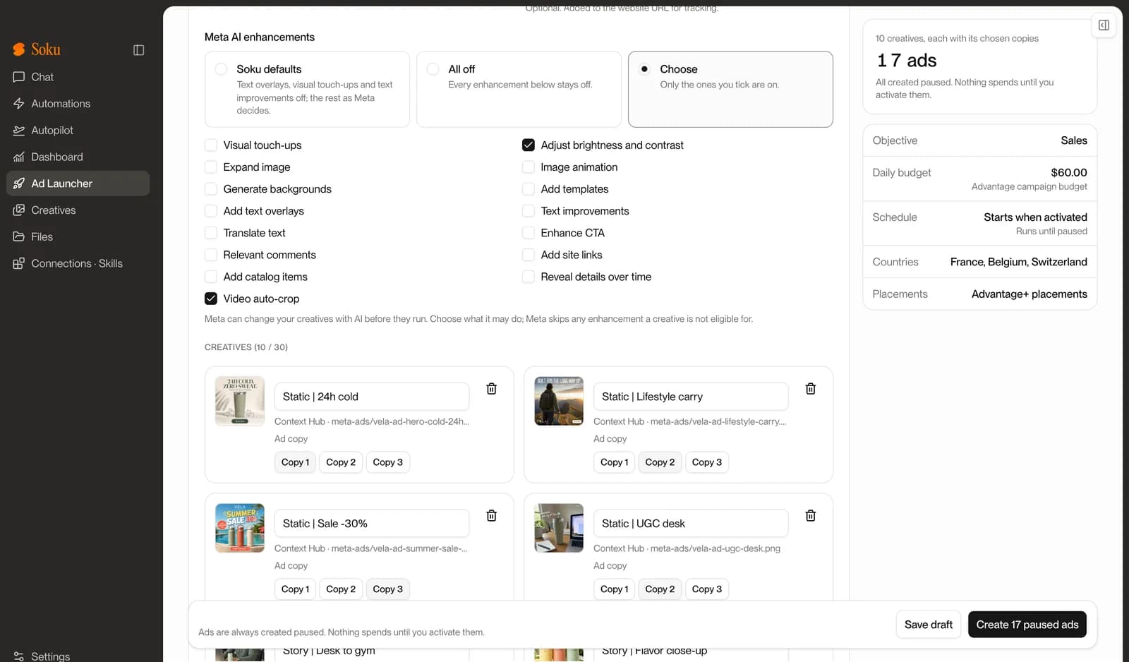 Meta AI enhancements panel with Soku defaults, All off and Choose options and a checklist of fifteen enhancements