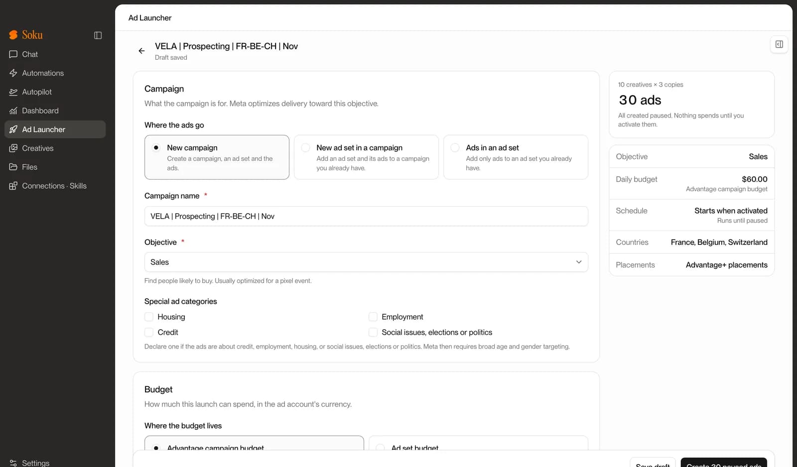 Soku Ad Launcher form with campaign name, Sales objective and a summary panel showing 30 ads