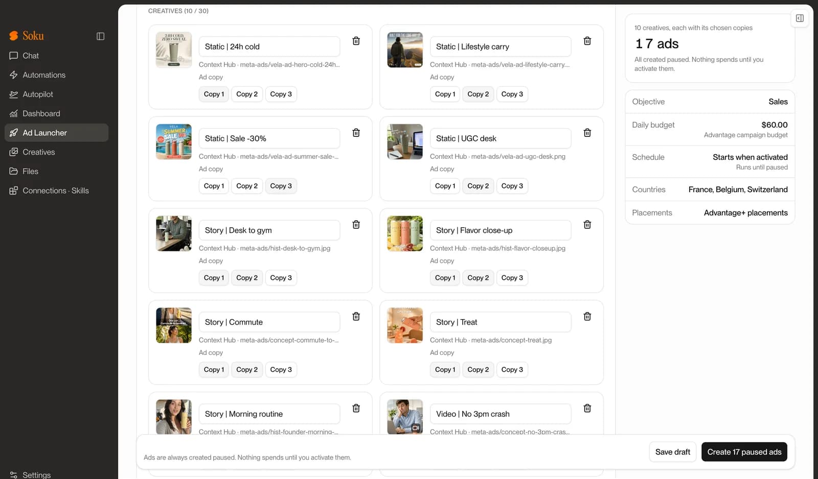 Creative cards in the launcher, each with Copy 1, Copy 2 and Copy 3 toggles, and a summary of 17 ads