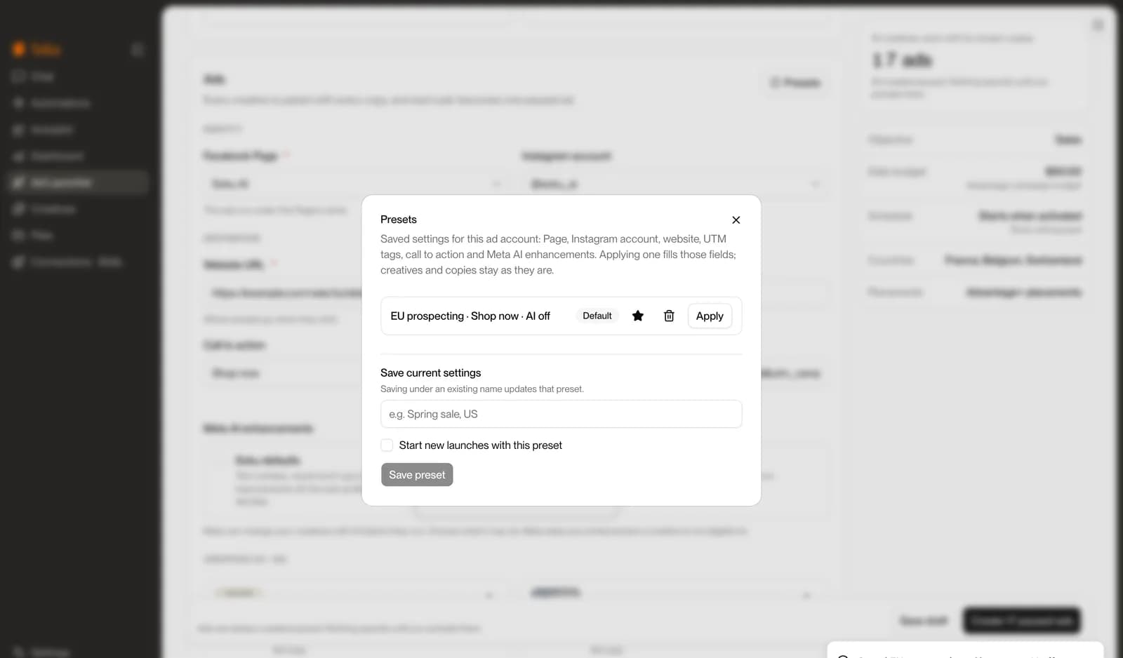 Presets dialog with a saved default preset named EU prospecting, Shop now, AI off
