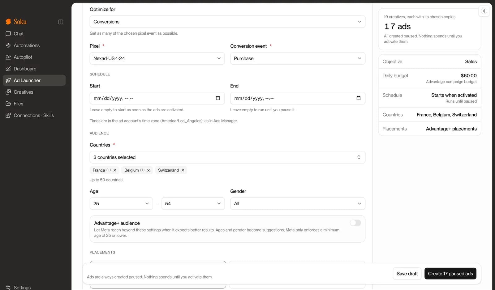 Ad set section with Conversions goal, pixel and Purchase event, schedule note in the ad account’s time zone, and France, Belgium, Switzerland selected