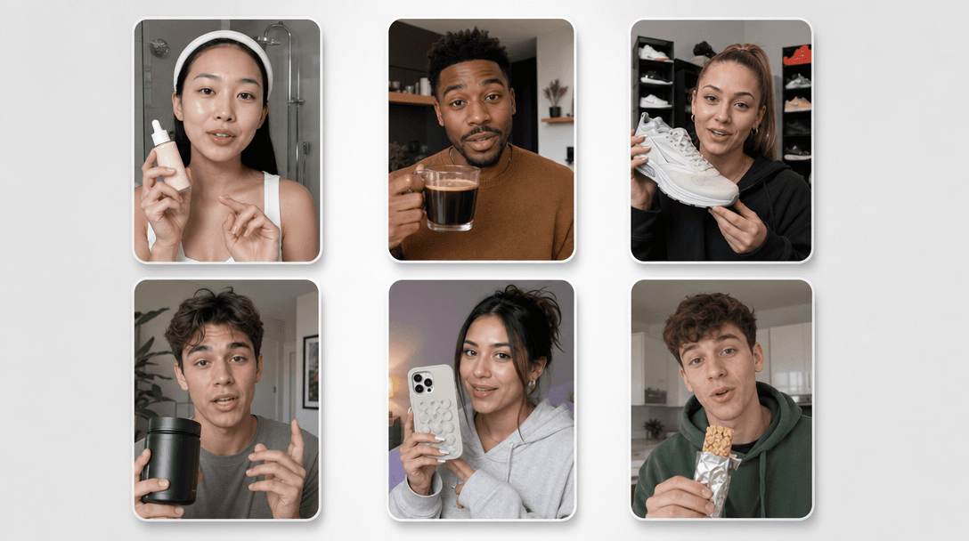 Grid of AI-generated UGC-style video ads with different creator avatars