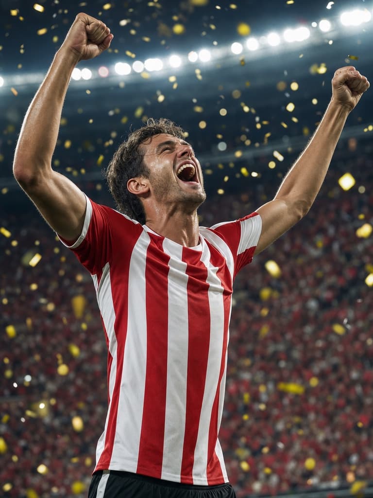 Player portrait example — Stadium hero in red-and-white stripes, confetti falling