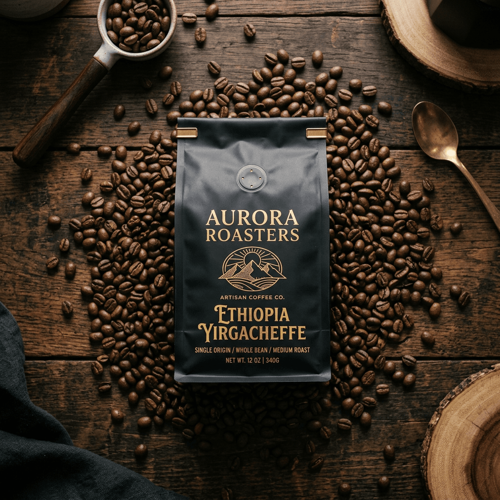Artisan coffee beans with matte black bag on dark wooden table