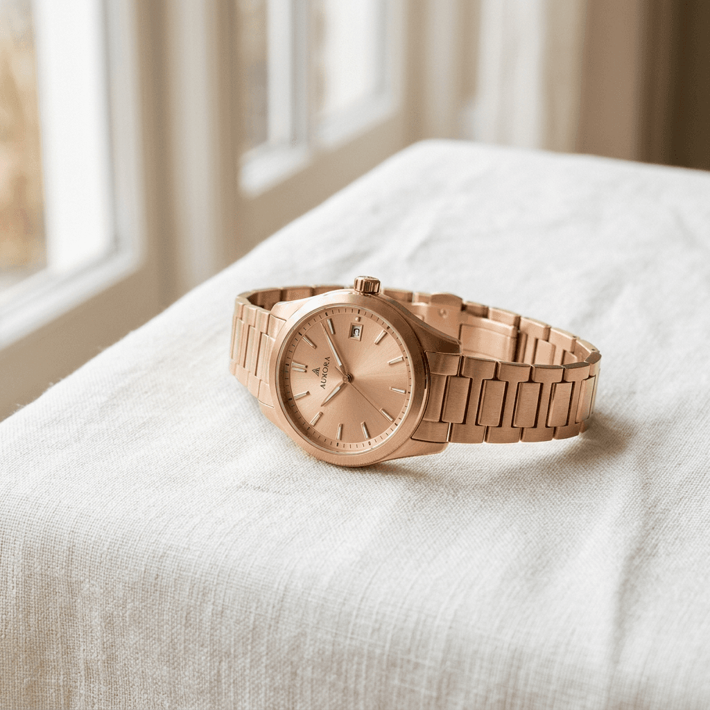 Rose gold wristwatch on white linen, soft diffused window light