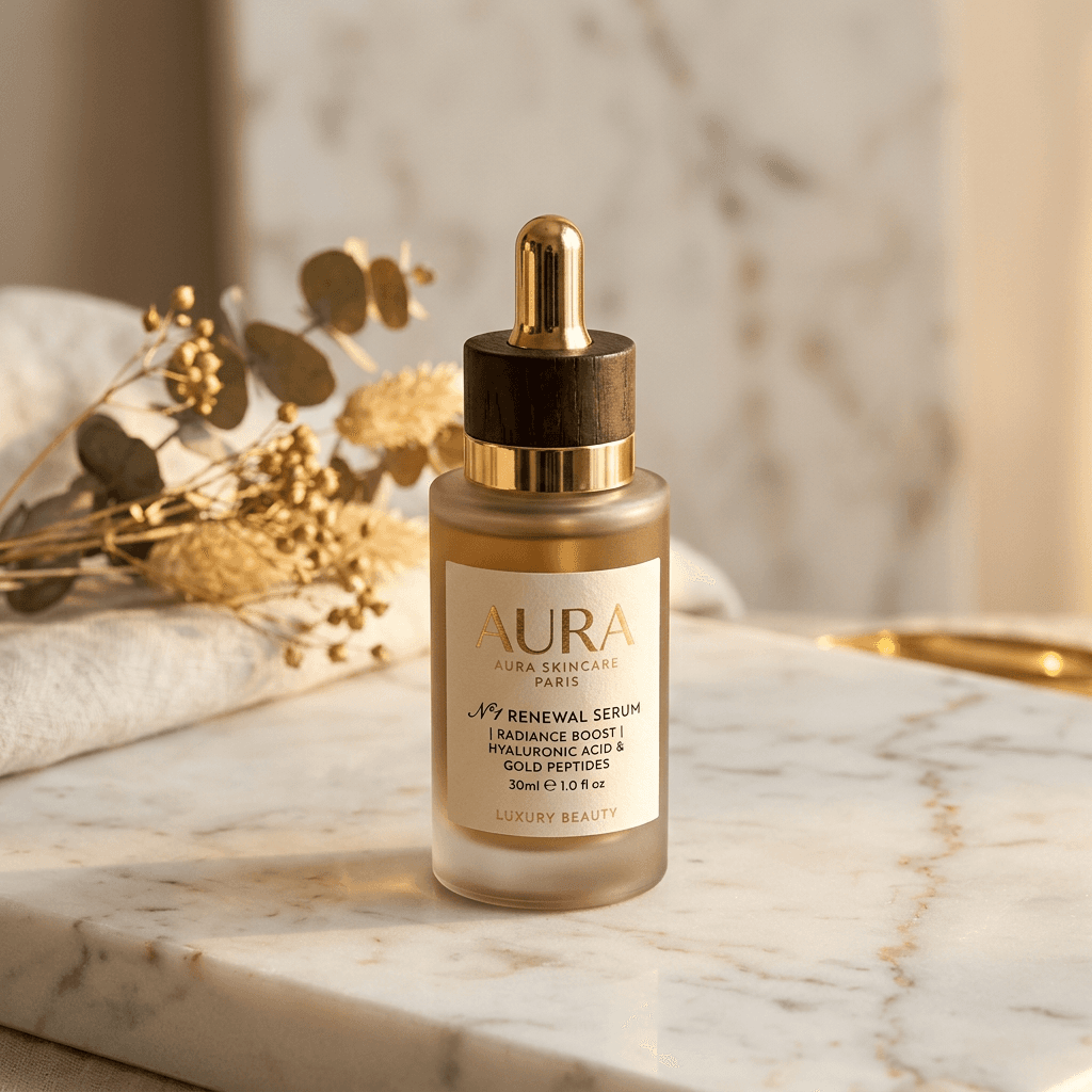 Premium skincare serum on marble surface with soft golden lighting