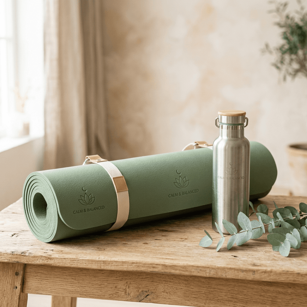 Sage green yoga mat with water bottle and eucalyptus, calm neutral tones