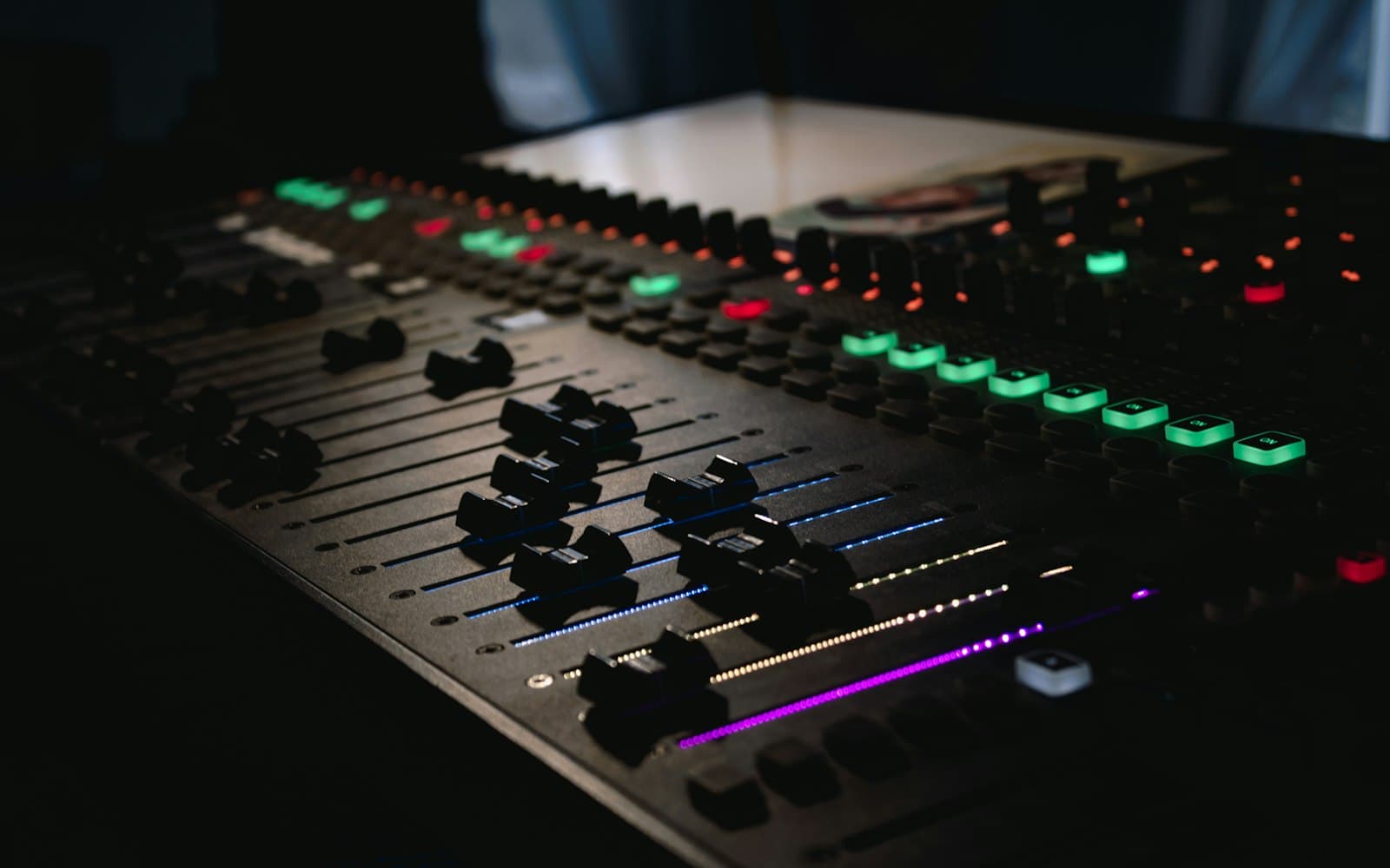 Audio mixing console used to produce voice recordings