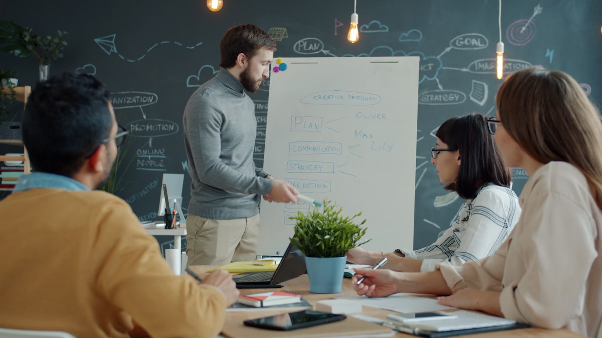 Team collaborating around a whiteboard planning marketing strategy in a modern office